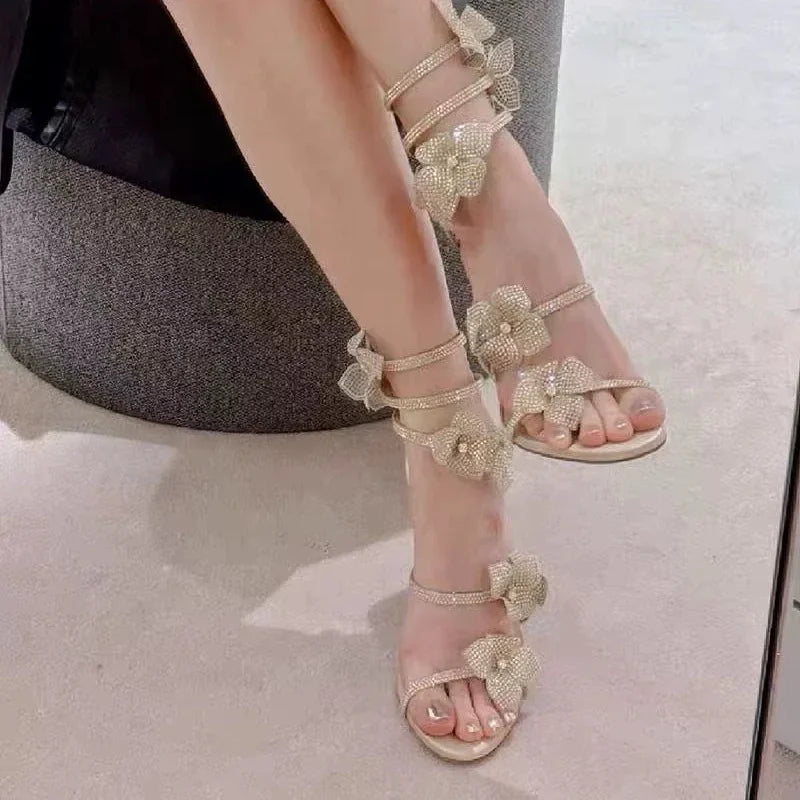 CHMURY Pink Flower Rhinestone High Heels Sandals Shoes Sexy Rose Red Luxury Designer with Wrap Strap  for Women Prom Party 2024.