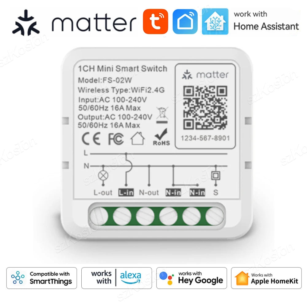 Matter WiFi Smart Switch 16A Smart Home Lichtschalter Relaismodul Sprachsteuerung Funktioniert mit Alexa Google Homekit Smartthings Tuya.