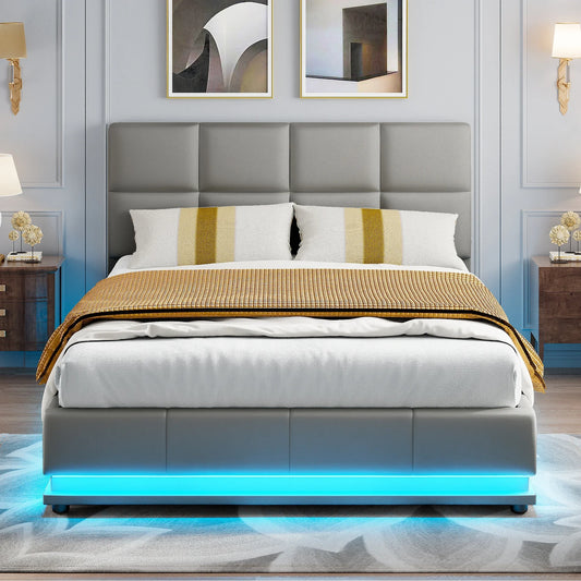 Anajqaqia Polsterbettgestell mit LED-Beleuchtung, 140 x 200 cm, mit hydraulischem Stauraum, Grau