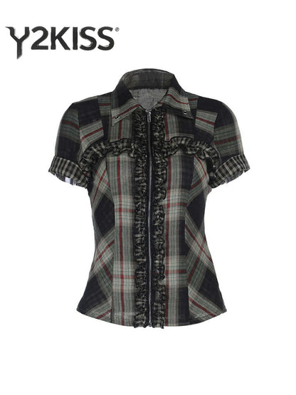 Summer Women Short Sleeve Crop Shirt Gyaru Plaid Blouse Coquette Y2k 2000s Tops Design Gyaru Harajuku Vintage Tide New In 2025.
