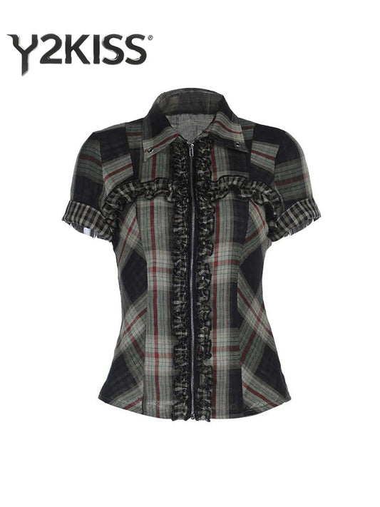 Summer Women Short Sleeve Crop Shirt Gyaru Plaid Blouse Coquette Y2k 2000s Tops Design Gyaru Harajuku Vintage Tide New In 2025.