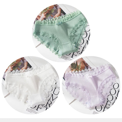 Cotton Panties Woman Sexy Lace Briefs Fashion Solid Color knickers Girls Bow Underpants Set Underwear 3 Pcs/lot.