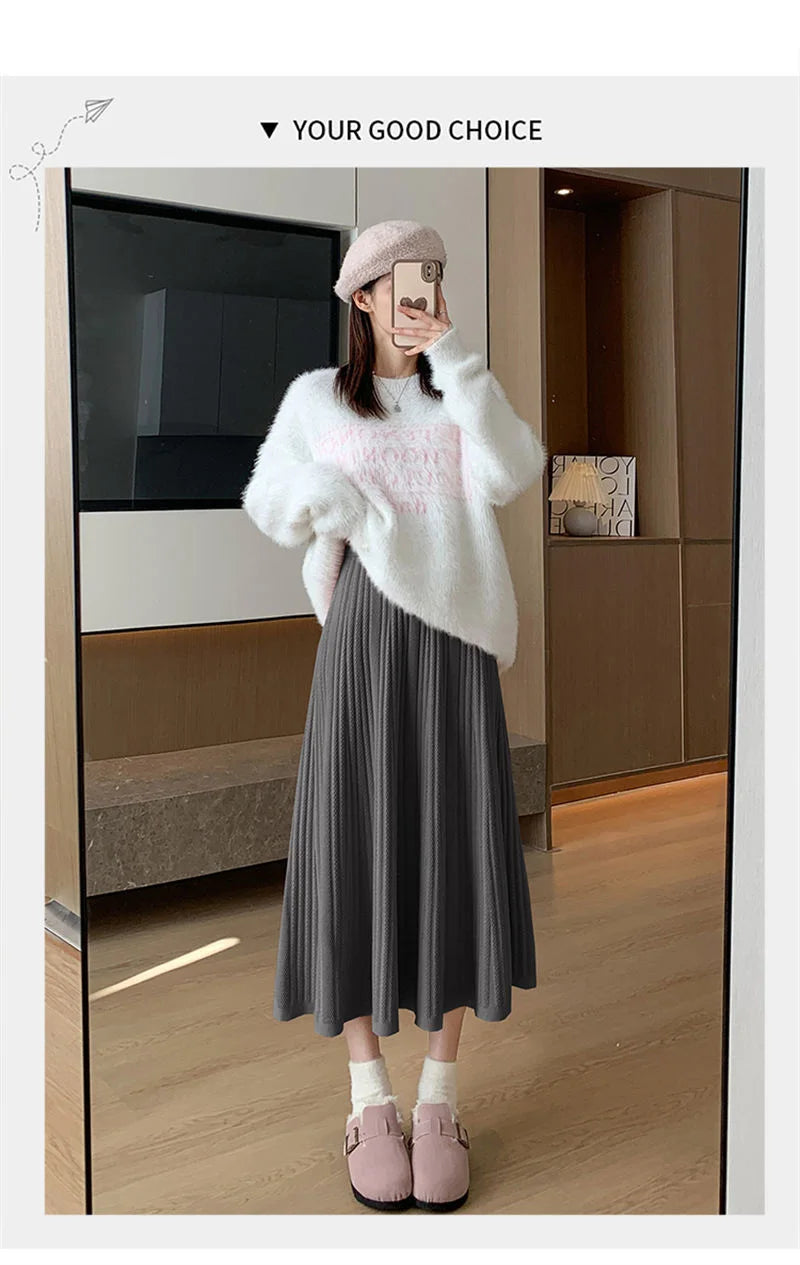 Sweet Vintage Knitted Long Skirts Women Preppy Style High Waist Loose A Line Skirts Fall Winter Retro Simple Elegant Long Skirts.