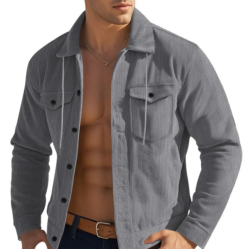 Men's Corduroy Jacket Stand-up Collar Slim Fit Retro Multi-pocket Workwear Commuter Coat for Spring And Autumn