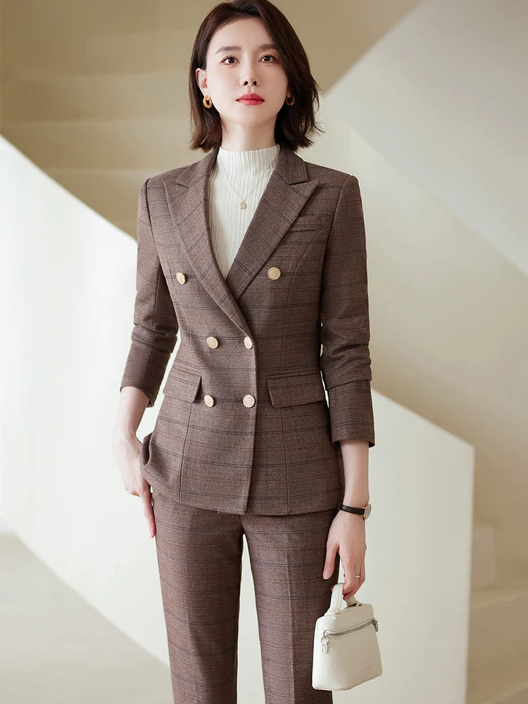 Autumn Winter Red Coffee Blue Black Ladies Pant Suit Women Female Business Work Wear Plaid Jacket and Trouser Blazer 2 Piece Set.