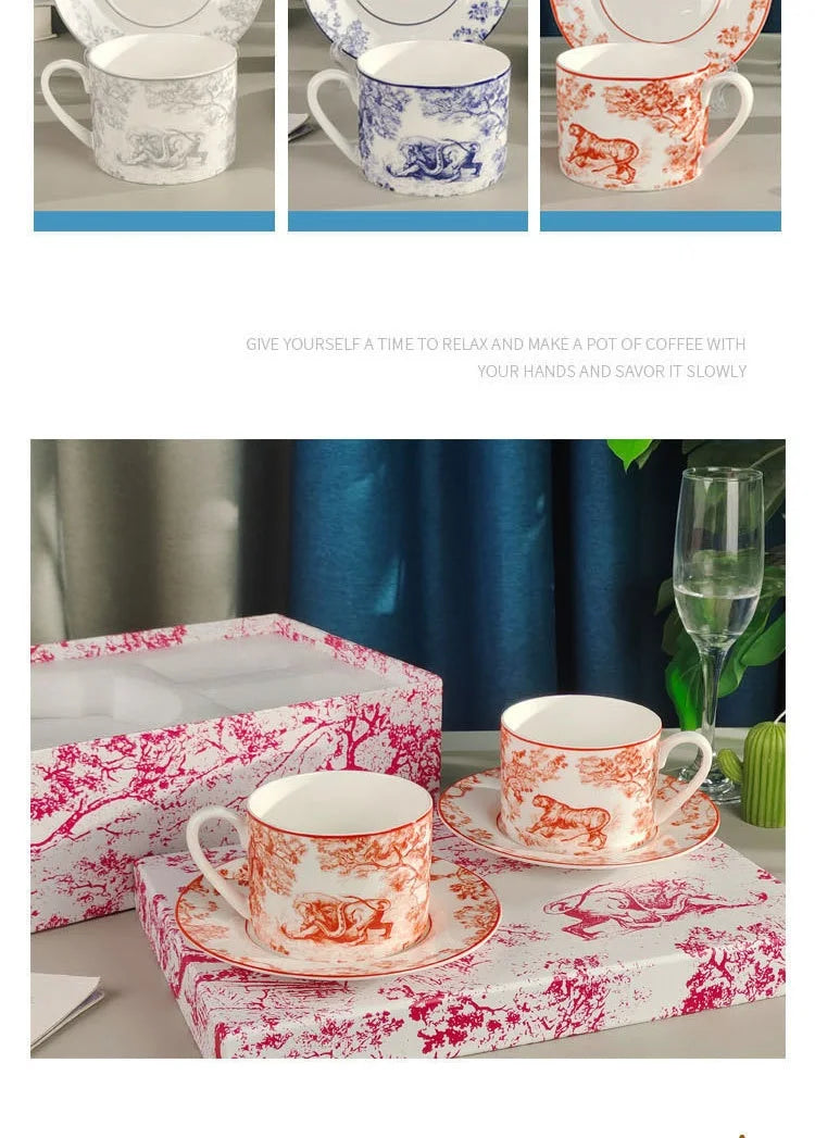 Red, Blue, Gray Tiger Series  Animal Images Bone Porcelain Coffee Cup Plate European Afternoon Tea Cup and Saucer Set Gift Box.