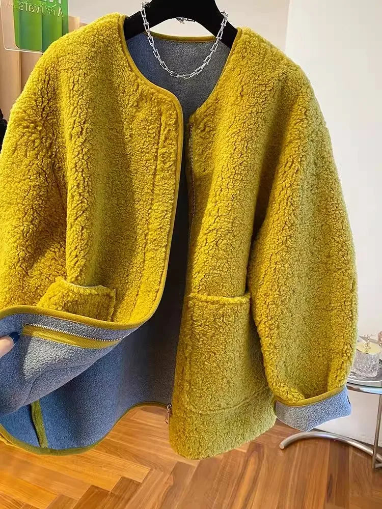 Hochwertige Lammwolljacke für Damen, lockerer warmer Samtmantel, 2025, neuer Frühling und Herbst, große Taschen, modische Oberbekleidung, M-3XL.