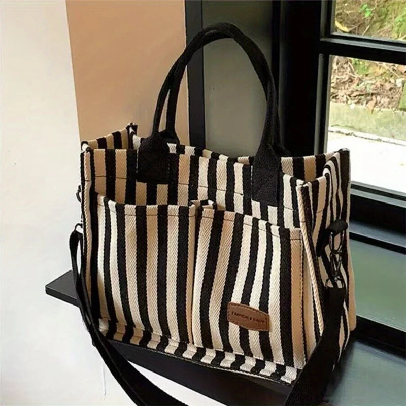 Cool Street Handbag, Large Capacity Women's Shoulder Bag, Trendy Striped Canvas Crossbody Bag, Fashion Travel Shopping Tote Bag.