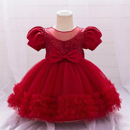 Kleinkind Rot Pailletten Mesh Kleid Mädchen Baby Einfarbig Neue Jahr Party Formale Kostüm Leistung Prinzessin Kleid Geburtstag Kleidung