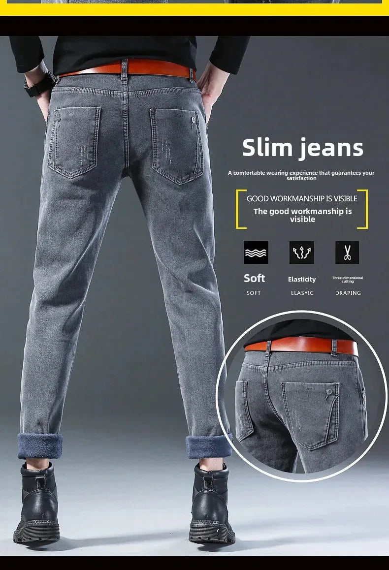 Winter Hot Sale Of The Season Trendy Stretchy Fleece Lined Thick Denim Mid Waist Fashionable Casual Warm Long Pants Men's Jeans.