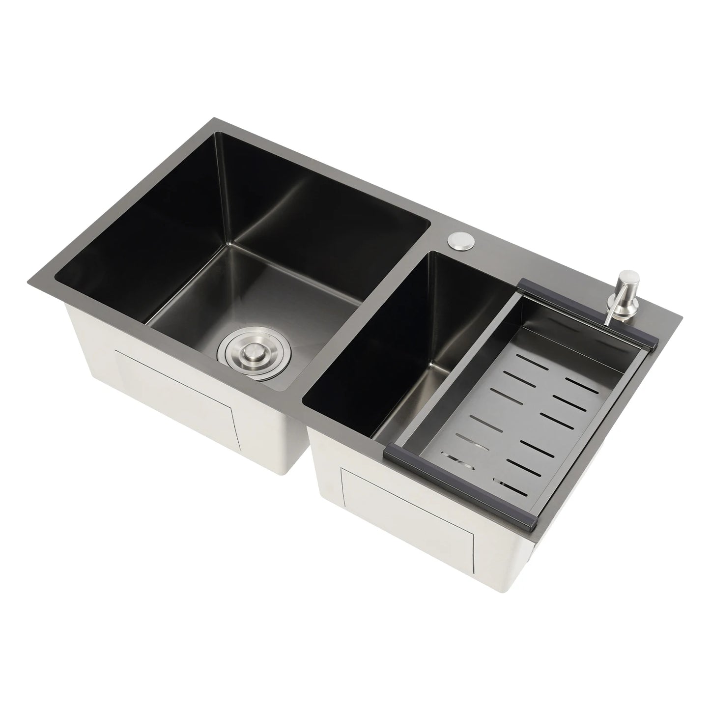 Edelstahlspüle, moderne Küchenspüle, Black Diamond 7843PB, Doppelspüle, Abfluss + Seifenspender zum Reinigen von Geschirr und Gemüse