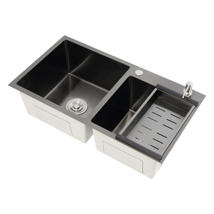 Edelstahlspüle, moderne Küchenspüle, Black Diamond 7843PB, Doppelspüle, Abfluss + Seifenspender zum Reinigen von Geschirr und Gemüse