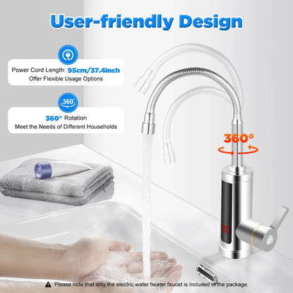 3000W Electric Hot Water Faucet 360° Rotating Stainless Steel Kitchen Faucet Instant Heating Led Digital Display