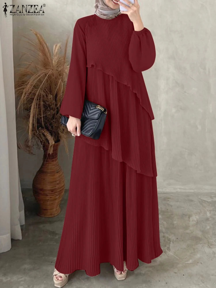 2025 ZANZEA Fashion Women Autumn Long Sleeve Maxi Sundress Muslim Abaya Dresses Duabi Robe Femme IsIamic Clothing Hijab Vestidos.