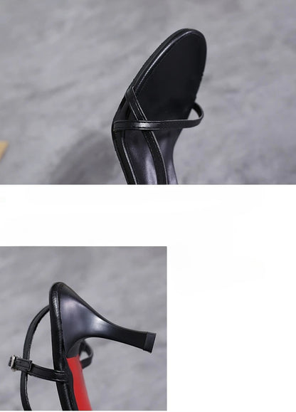 2024 Women's Black Evening Sandals | Genuine Leather Thin High Heels with Adjustable Ankle Strap | Stiletto Formal Wedding Shoes.