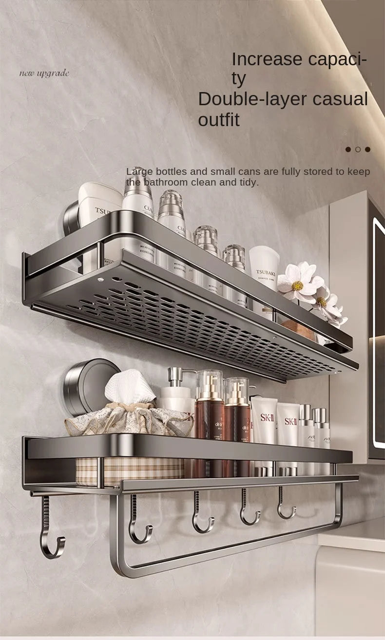 Bewegliches Badezimmerregal ohne Bohren – 30/40/50 cm Saugnapf-Organizer mit Haken/Stange, einfach zu installieren und zu reinigen, wasserdichtes Toilettenregal