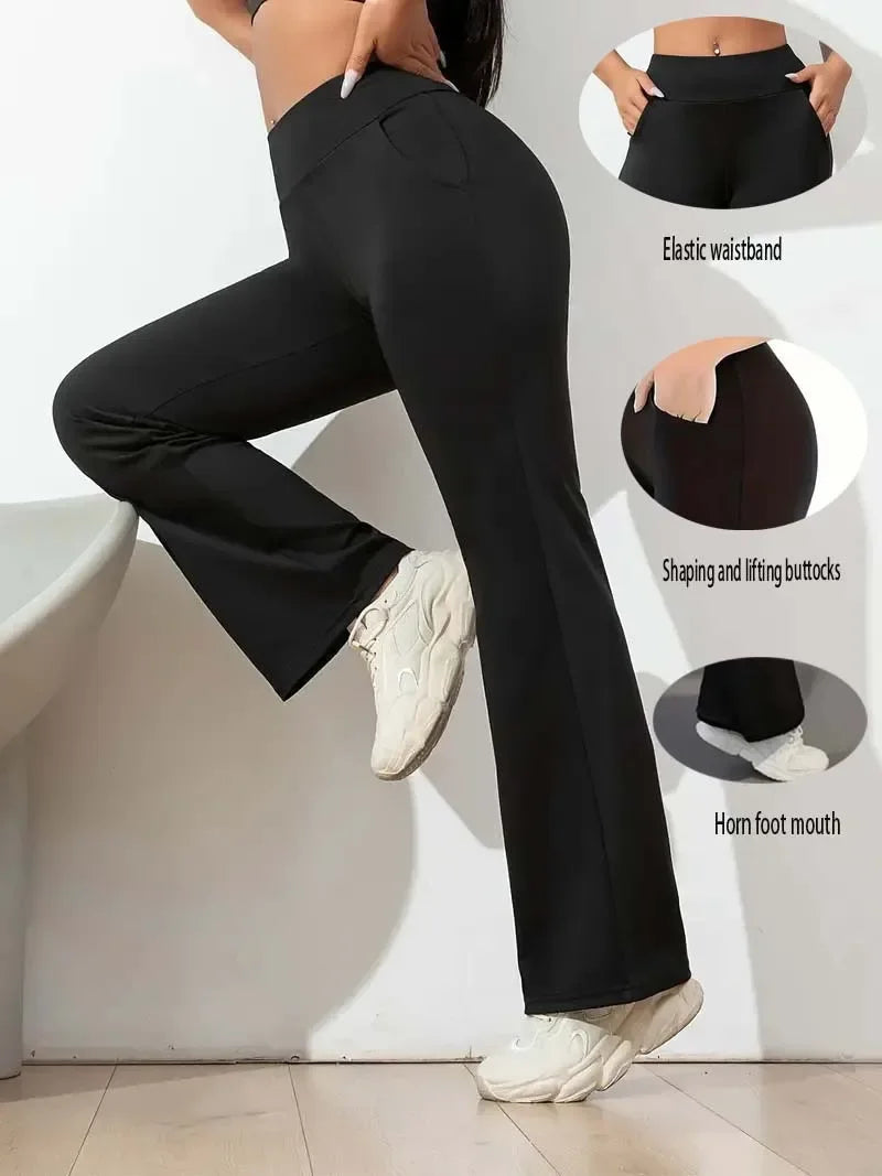 Hohe Taille Haifischform Bell-Bottom-Hose Damen Casual Micro Flared Hose Elastische Basisschicht Lange schwarze Leggings.