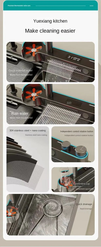 Digitalanzeige, Wasserfall, Einzelschlitz, Nano-Spüle aus Edelstahl 304, Geschirrspülen, Küche, multifunktionales Gemüsewaschbecken