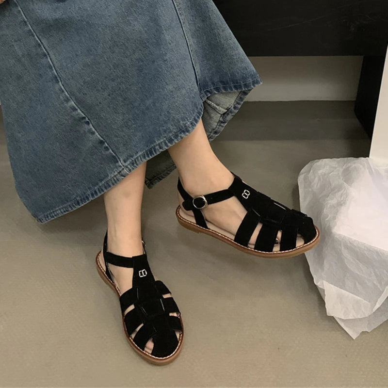 DIMANYU Women's Roman Sandals 2023 Summer New Flat Retro Real Leather Ladies Sandals Hollowed Women's Cage Shoes