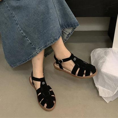 DIMANYU Women's Roman Sandals 2023 Summer New Flat Retro Real Leather Ladies Sandals Hollowed Women's Cage Shoes
