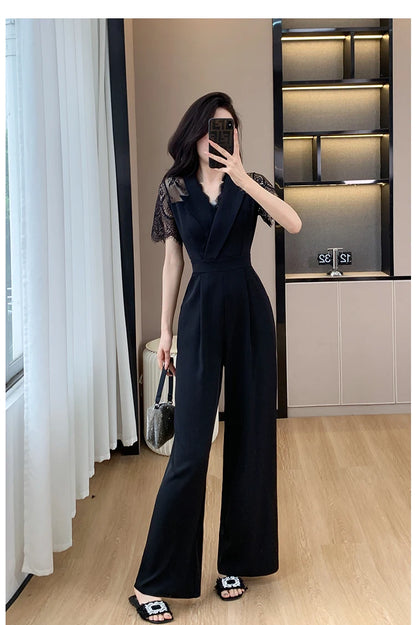 V-neck Solid Office Jumpsuit Women Elegant High Waist Wide Leg Pants Overall 2025 Fashion Slim Hollow Solid Color Romper