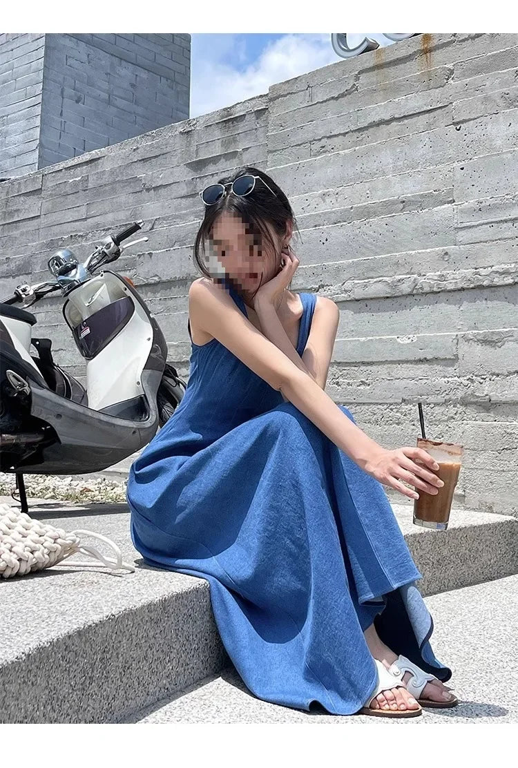 Blue Mist Love Französisches Jeanskleid für Damen, Sommer, einzigartiges Design, Taille, Cinching-Riemen, langes Kleid, elegante blaue Polyesterfaser