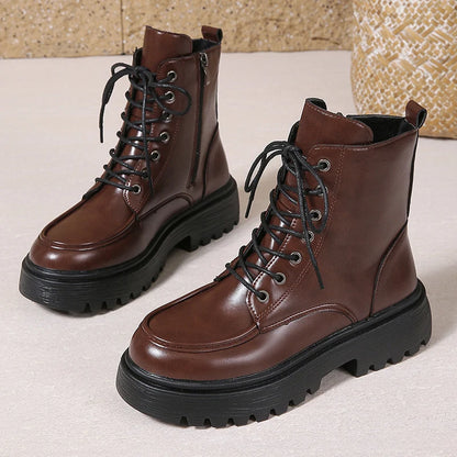 Women's Pu Leather Platform Ankle Boots Plus Size 35-42 Lace Up Motorcycle Boots Women Comfort Wide Leg Black Short Booties.