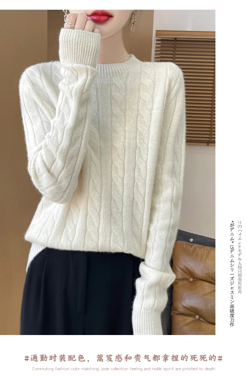 Frauen 100% Merino Wolle Verdickung Pullover Oansatz Gestrickte Twisted Pullover Herbst Winter Kaschmir Langarm Kleidung Basis Tops.