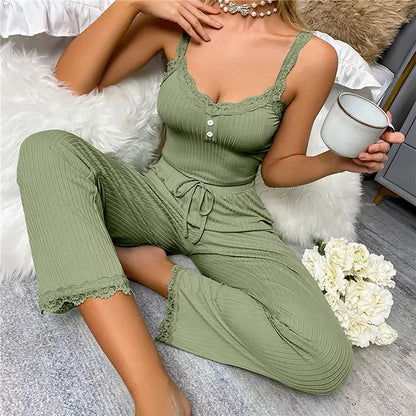 Zweiteiliges Pyjama-Set für Frühling und Sommer für Damen, Nachtwäsche, Spitzen-Hosenträger, Oberteile und lange Hosen, Pijamas, Loungewear.