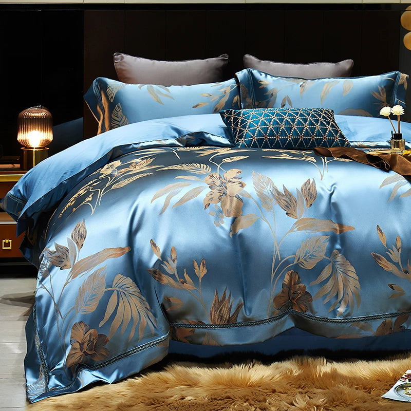 Luxury Satin Jacquard  Cotton Bedding Set Gold Leaves Egyptian Cotton Smooth Duvet Cover Set Flat/Fitted Sheet Pillowcases.