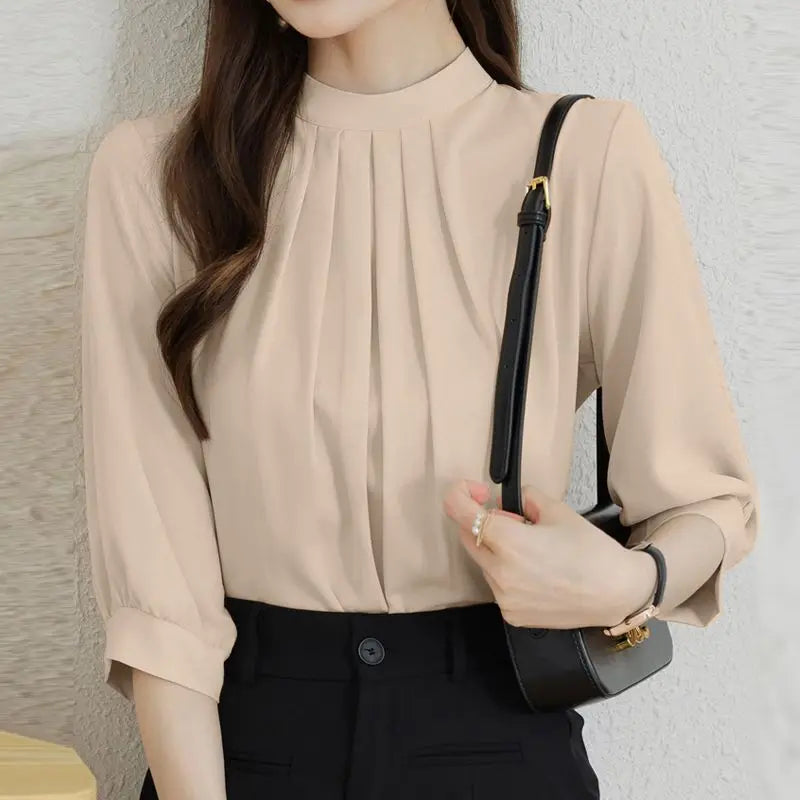 ZANZEA Fashion Stand Collar Blouse Woman 3/4 Sleeve Solid Color Tunic Tops Female Casual Loose Shirt Elegant Party Blusas Mujer.