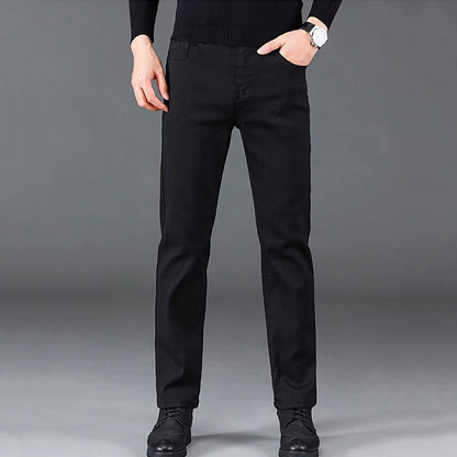 Men Business Denim Pants Male Classic Casual Straight Leg Slim Fit Trousers Elastic Solid Smoke Gray Pants.