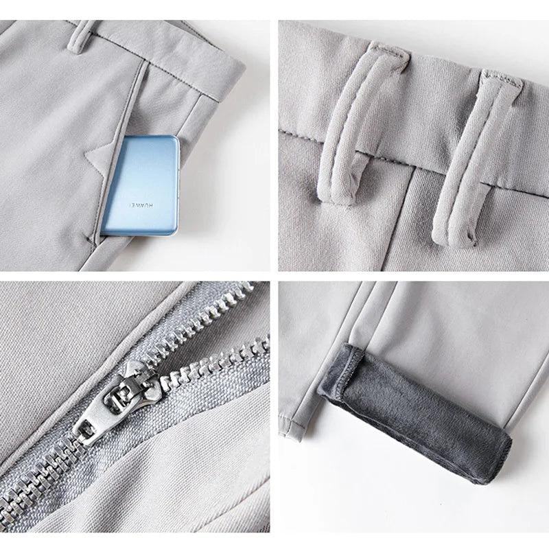 Winter Casual Men Classic Style Business Warm Plush Trousers Regular Thick Fur Pants Male Fleece Elastic Straight Formal Pants.