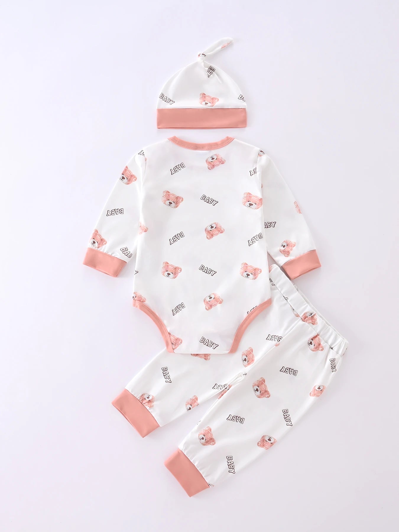 Unisex-Body für Neugeborene + Mütze + Hose, 3-teiliger Anzug für Jungen und Mädchen, niedlicher bedruckter einteiliger Strampler mit Rundhalsausschnitt für alle Jahreszeiten.