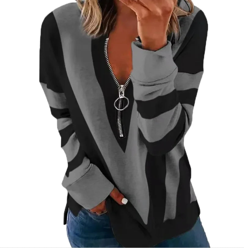 Autumn Winter Blouse Shirts Women Zipper V-Neck Striped Shirts Loose Long Sleeve Tops Fashion Female Tee Street Clothes.