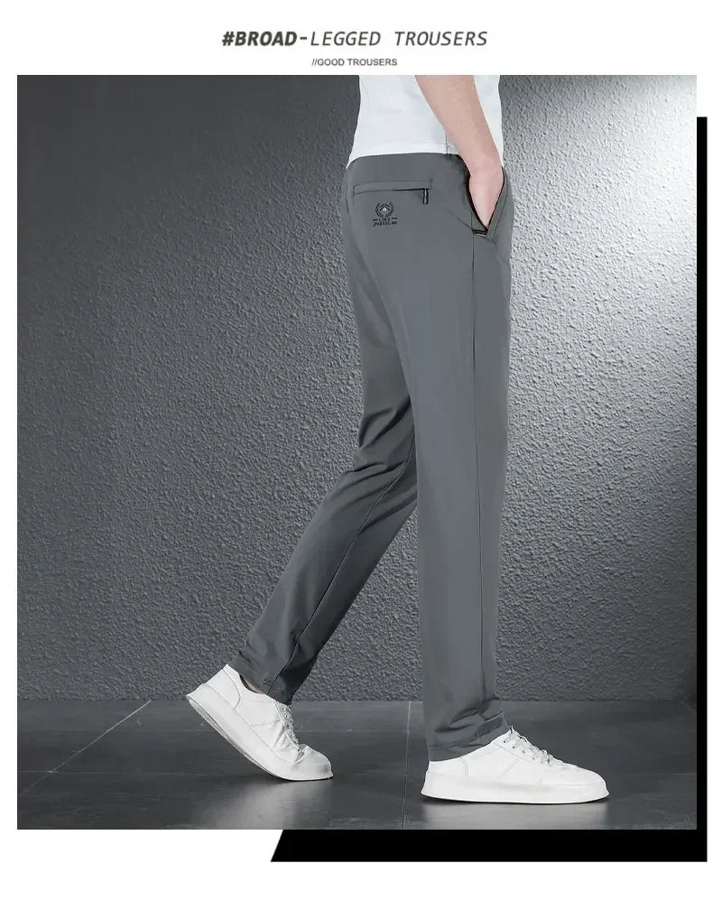 2024 Summer Soft Ice Silk Fabric Men's Thin Casual Pants Korean-style Fashion  Straight High Stretch Trousers Male Luxury Brand