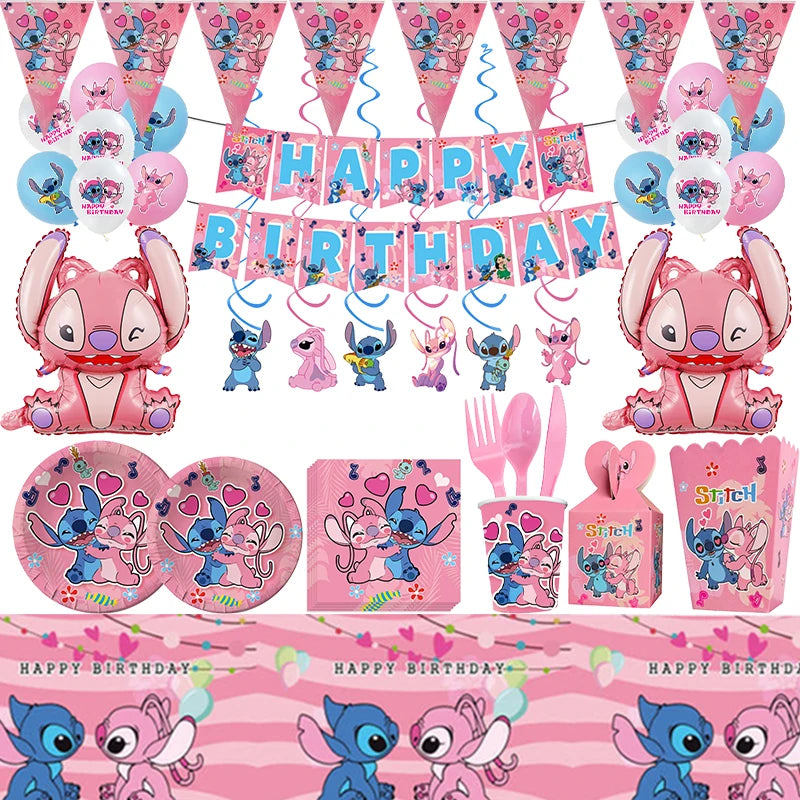 Disney Rosa Stich Geburtstag Party Dekorationen Mädchen Einweg Geschirr Ballon Kuchen Topper Tischdecken Liefert Baby Dusche.