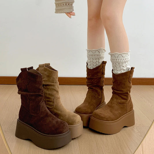 Chunky Platform Thick Sole Woman Ankle Boots Design Round Toe Slip On Shoes  2025 Autumn Winter Short Botas Para Mujer.