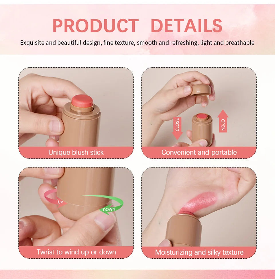 Magic Blush Stick 3-in-1 Cheek Lip Tinted Moistured Blush Stick Silky Brighten Blush Cream Blusher Cosmetics Tubes Matte Contour.