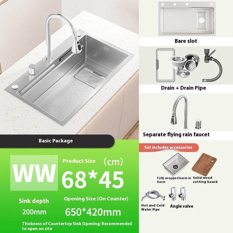 Silver 304 Stainless Steel Kitchen Sink Independent Waterfall Outlet Household Large Single Slot Wash Dish Bowl Undermount Basin