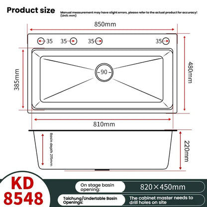 Stainless Steels Kitchen Sink Household Wash Dish and Wash Vegetables Basin Large Single Slot Multifunctional Dishwashing Bowl