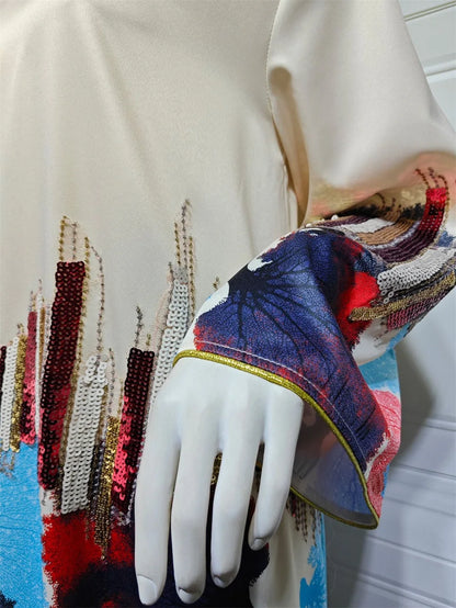 Siskakia Arab Saudi Printing Sequins Long Dresses Galabia Muslim Eid Women Abayas Islam Clothing Turkish African Kebaya 2024 New