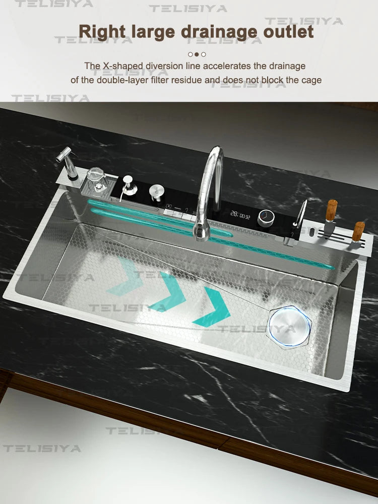 Edelstahl-Küchenspüle, multifunktionale Digitalanzeige, Wasserfall, großer Einzelschlitz mit Rack für Messerwaschbecken