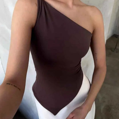 2025 New Fashionable Casual Women's T-Shirt Solid Color Single Shoulder Asymmetrical Slim Fit Top One-Piece Neck
