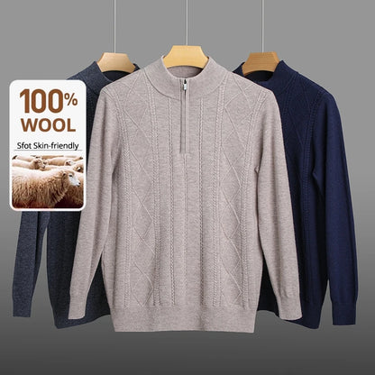 High End 100% Australia Wool Cashmere New Autum Winter Fashion Brand Casual Zip Up Men Pullover Knit Half Turtleneck Sweater.