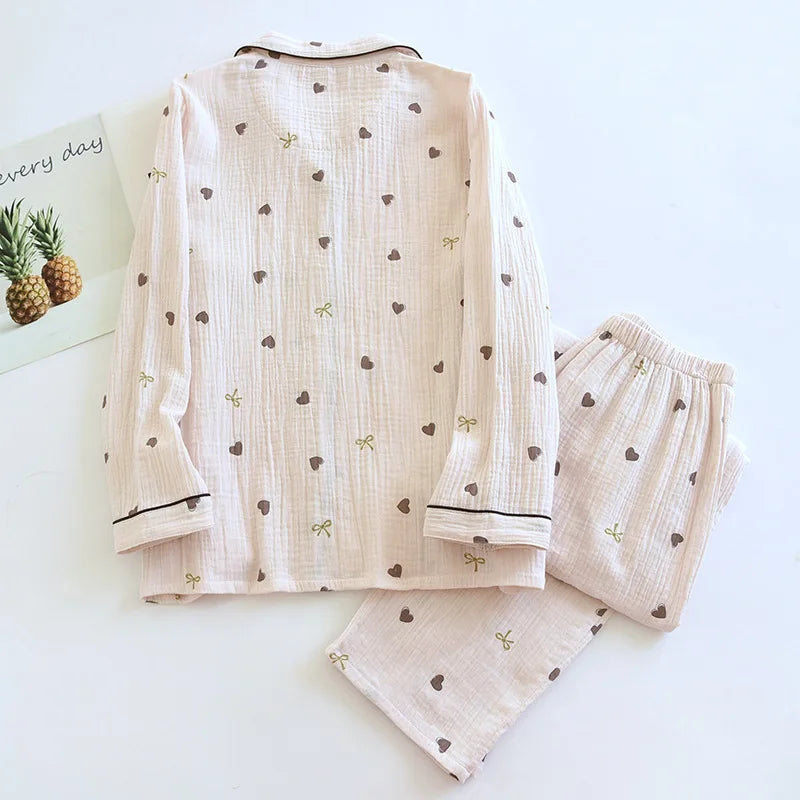 2025 neue Frühjahr/Sommer frauen Pyjama Set 100% Baumwolle Crepe Nette Liebe Langarm Lange Hosen Zwei Stück set Strickjacke Hause Kleidung.