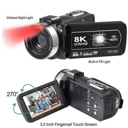 8K HD Video Camera 3 Inch LCD Touch Screen 18x Digital Zoom Camera Recorder Ultra HD WIFI Portable Recording Camcorder.