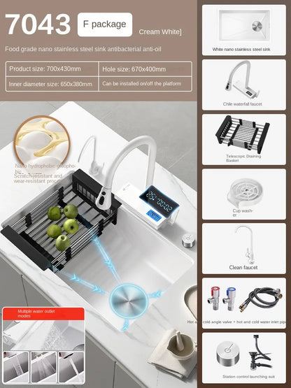 White Stainless Steel Kitchen Sink with Digital Display Multifunction Waterfall Faucet large Wash Basin for Kitchen Accessories