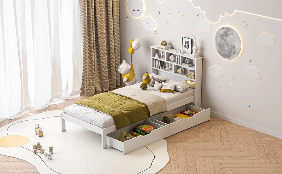 Rosahqnda Massivholz-Bettgestell 90 x 200 cm, Kinderbett mit Schubladen und Kopfteil für Bücher, Einzelzimmer, Weiß