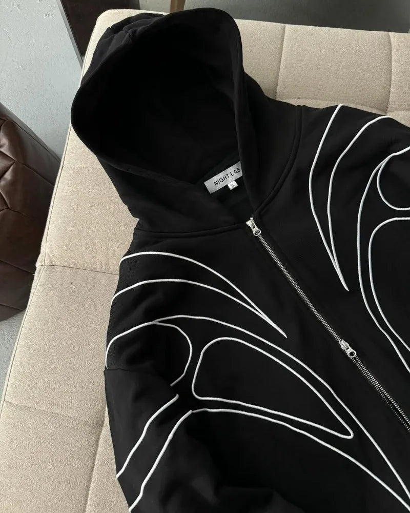 Striped splicing embroidery oversized hoodie American new clothing high street trend brand double zipper black zipper sweatshirt.